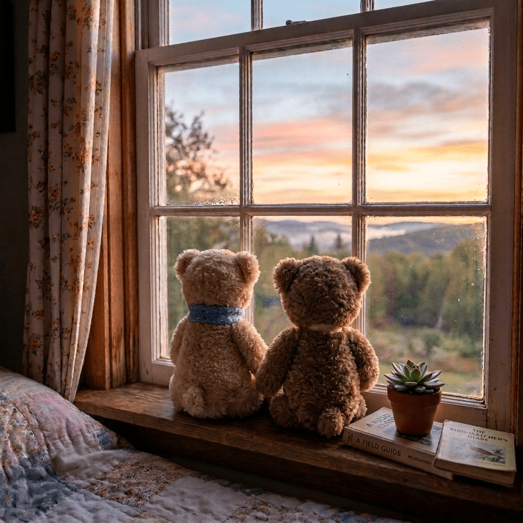 Two teddy bears holding hands looking out a window at sunrise